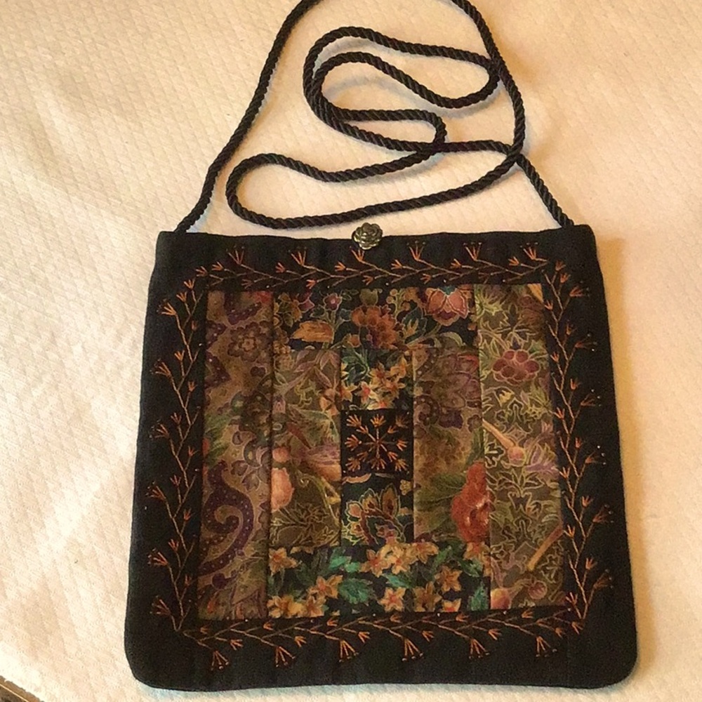 Handmade,Quilt squares and Embroidered,Beaded Crossbody Bag. Boho,Hobo, Quaint